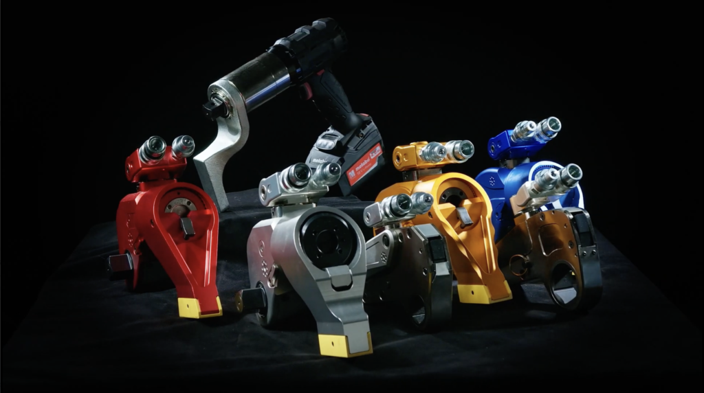 Hydraulic torque wrench types for industrial use including square drive and low profile cassette