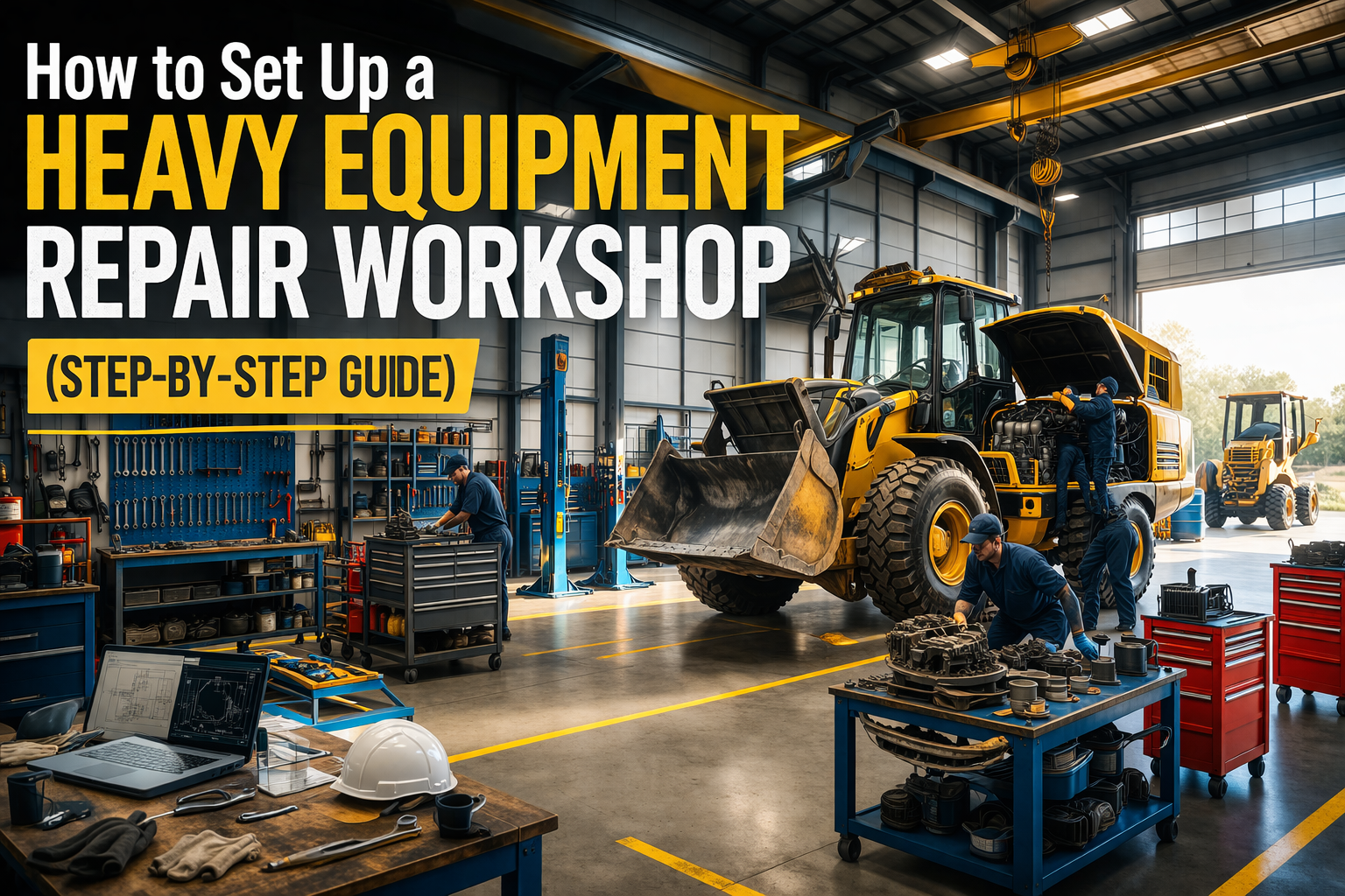 Heavy equipment repair workshop setup with machinery and tools
