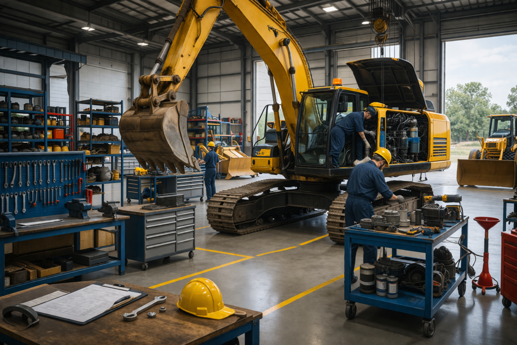 Heavy equipment repair tools and machinery maintenance process in workshop